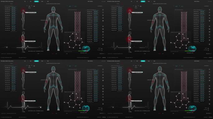 未来的医疗保健和生物技术概念:医学研究环境软件模板与化学式和男性身体扫描结果的计算机显示器和笔记本电