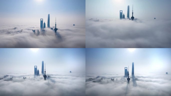 上海陆家嘴摩天地标建筑群平流雾4k延时