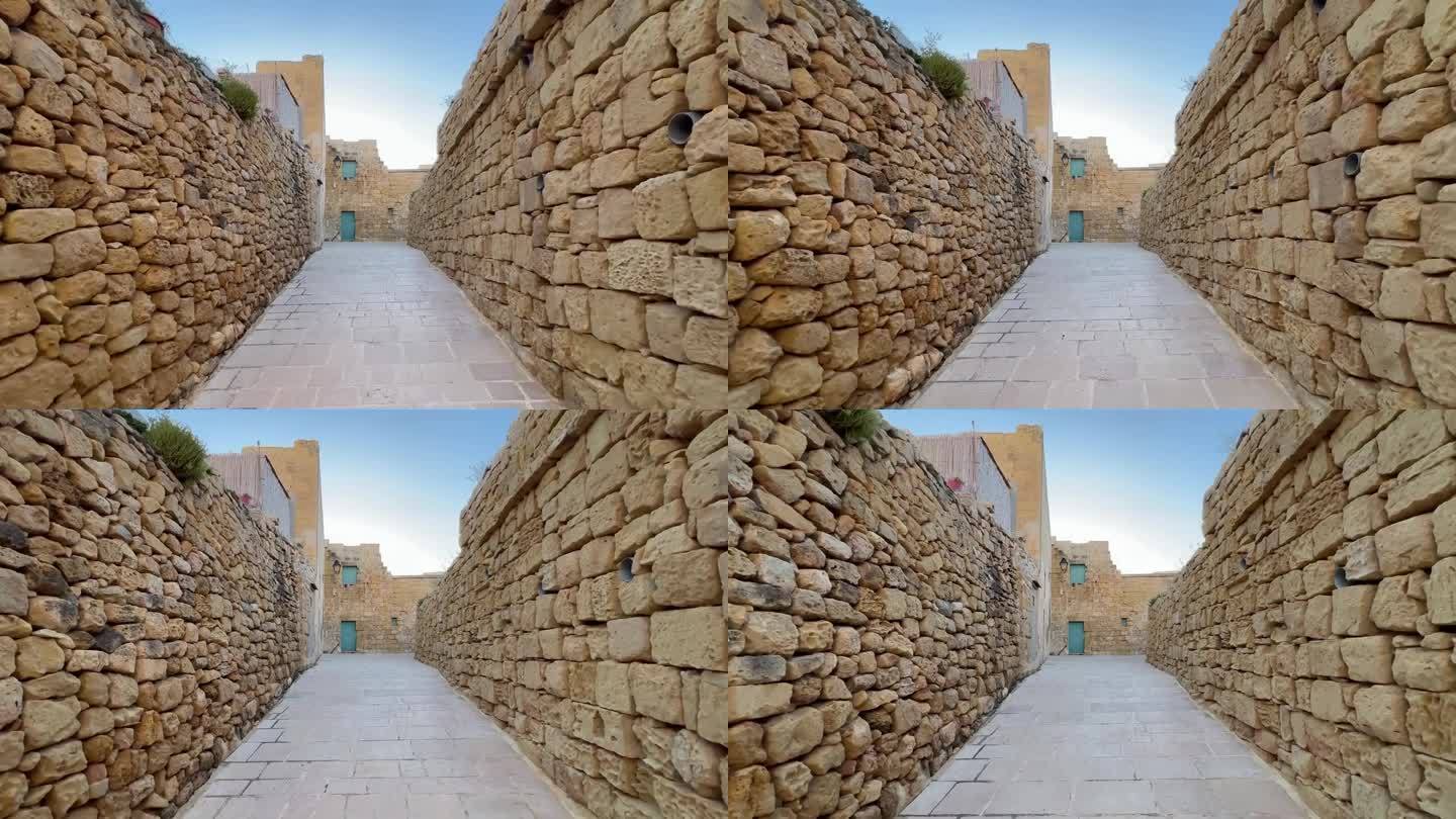 万向稳定的4K镜头:探索戈佐城堡的历史街道，巴洛克式建筑，大教堂遗址和地中海景观在马耳他永恒的中世纪