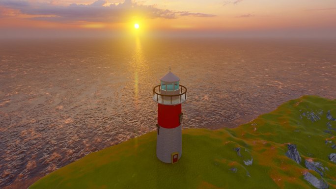黄昏夕阳照耀下的海岸灯塔