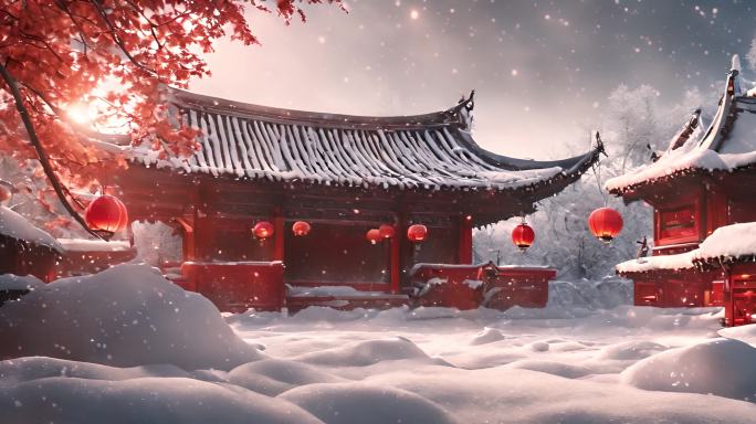 中式红色灯笼下雪天气