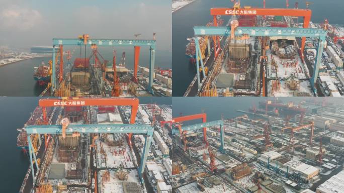 航拍大连造船厂大船船舶重工