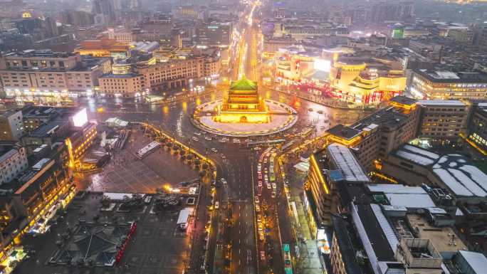 西安钟楼夜景雪景航拍延时