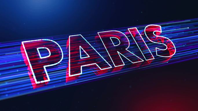 未来的蓝红色模糊焦点巴黎3D透视文本揭示，法国首都虚线粒子微风效果和闪闪发光的灰尘光耀斑