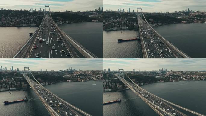 标志性的法提赫苏丹穆罕默德大桥上的空中交通，以金融区为背景，# istanbul - vibes #