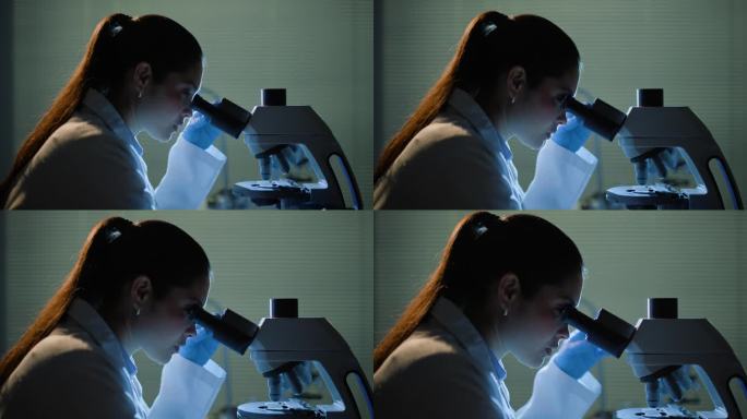 科学家、女性和学生在实验室用显微镜研究粒子、微生物或DNA测试。微生物学，科学和研究的数据分析，样品