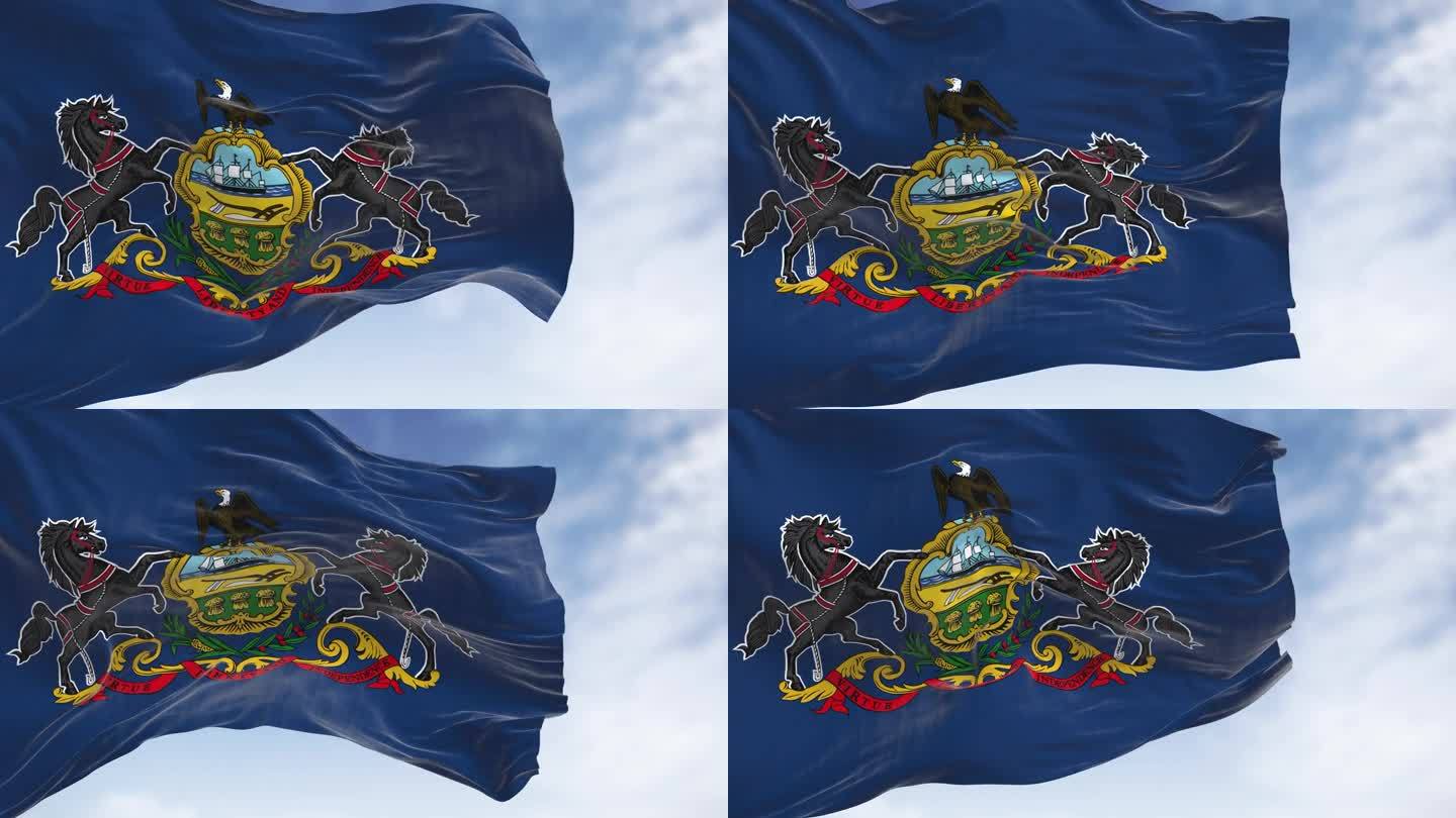 宾州州旗在晴朗的日子里挥舞的特写
