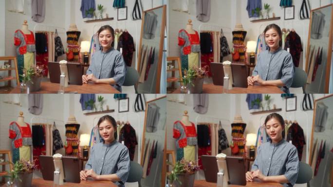 在线企业家直播她的网上商店的虚拟购物体验。