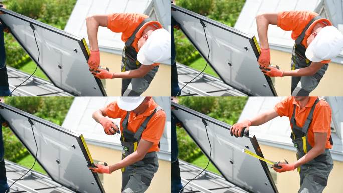工人在搭建光伏太阳能电池板系统，用尺子测量安装设备。