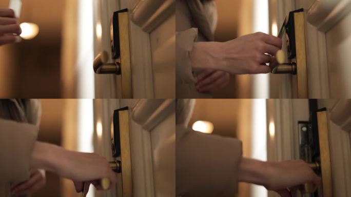 女性用塑料非接触式钥匙卡用电子智能锁打开酒店房间门的特写。现代化的无线安全技术进入公寓。安全的概念。