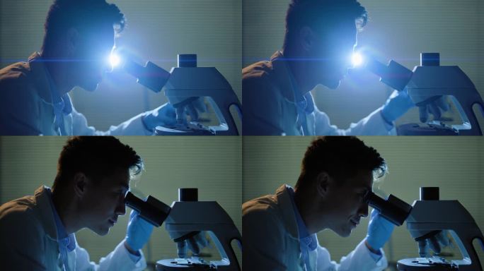 科学，人类和研究在实验室用显微镜检查颗粒，微生物或DNA测试。微生物学，科学家和研究用紫外线进行数据