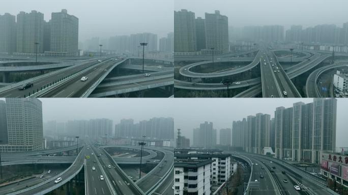 航拍 冬天雾霾笼罩下的城市立交桥