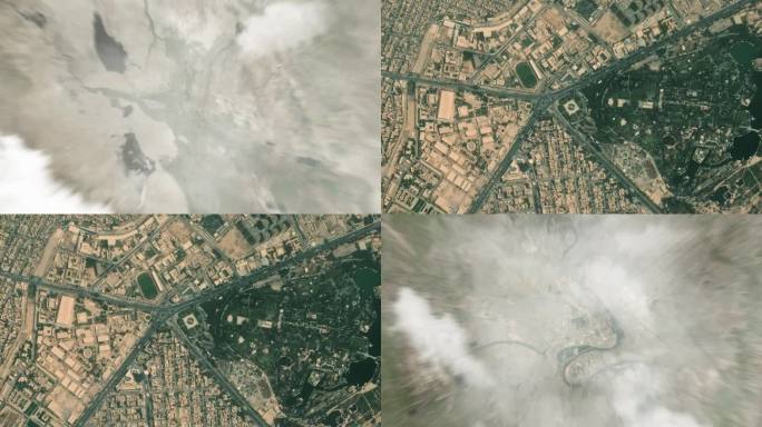 在拯救伊拉克文化纪念碑上，地球从太空放大到伊拉克巴格达。接着是通过云层和大气层进入太空。卫星的视图。