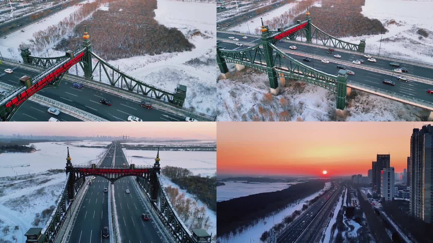 4K航拍哈尔滨冬季阳明滩大桥