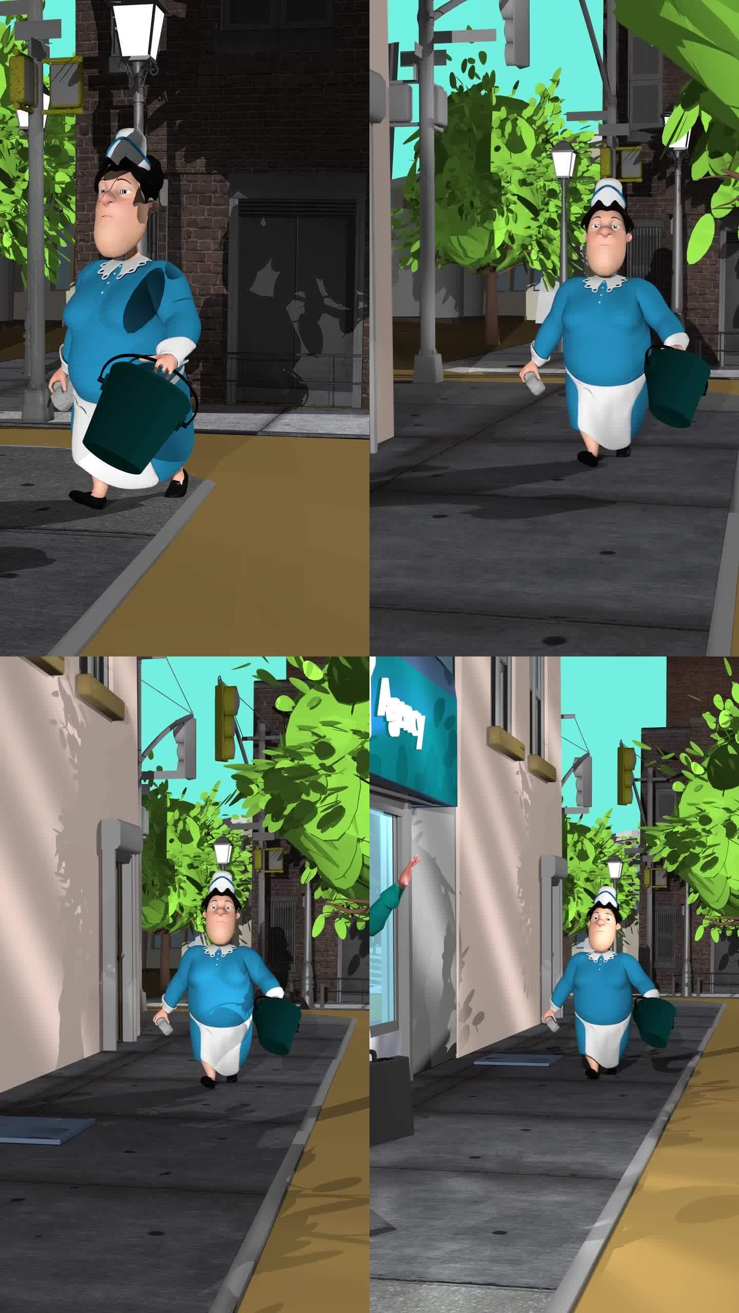 3d动画，一个卡通人物带着水桶和海绵走在城市街道上