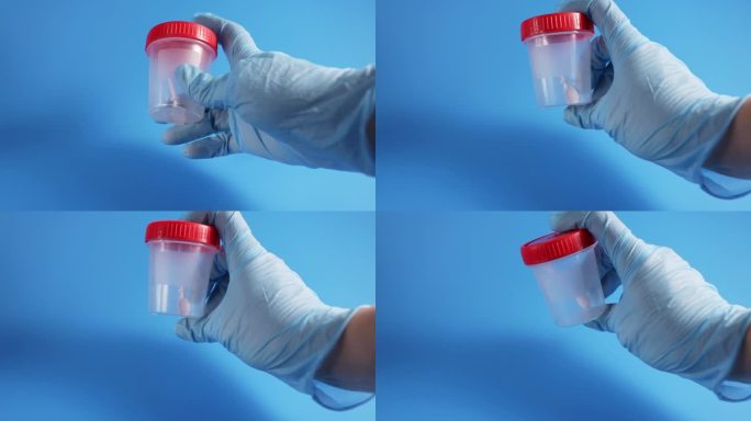 医学分析，一个医生戴着蓝色背景的医用手套，手里拿着用来检测尿液和粪便的罐子