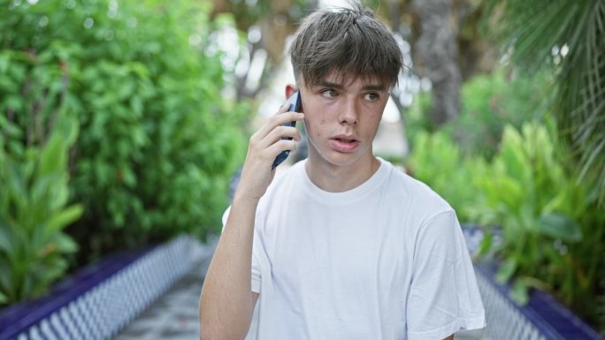 一个穿着白衬衫的年轻白人少年在郁郁葱葱的户外花园用手机聊天。