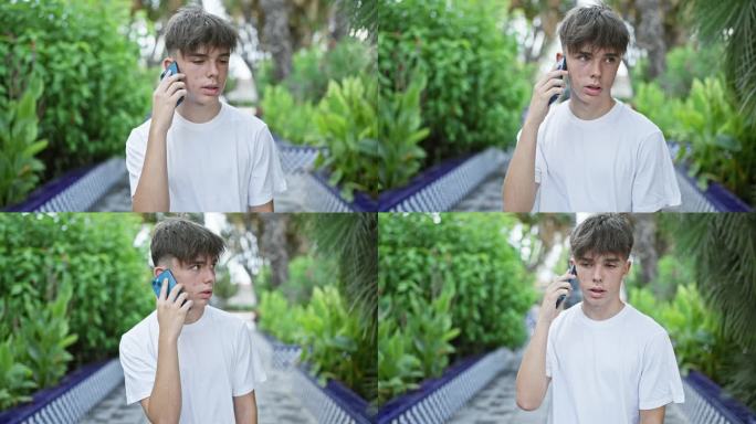一个穿着白衬衫的年轻白人少年在郁郁葱葱的户外花园用手机聊天。