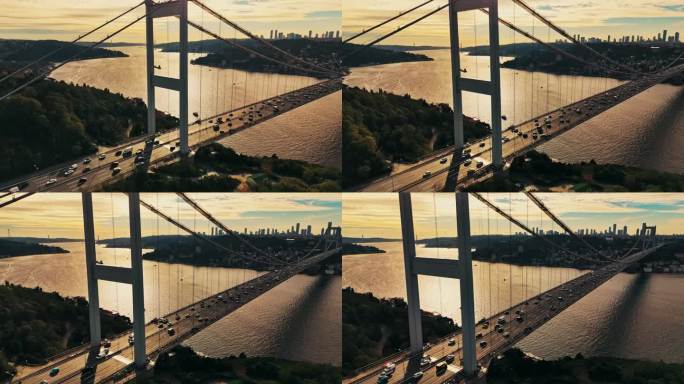 第二博斯普鲁斯海峡大桥上的空中交通:在标志性的法提赫苏丹穆罕默德大桥上拥抱黄昏，背景是金融区，#伊斯