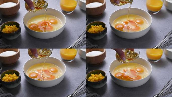 将油倒入蛋液中。做煎蛋卷，早餐或烘焙。蛋白质食物