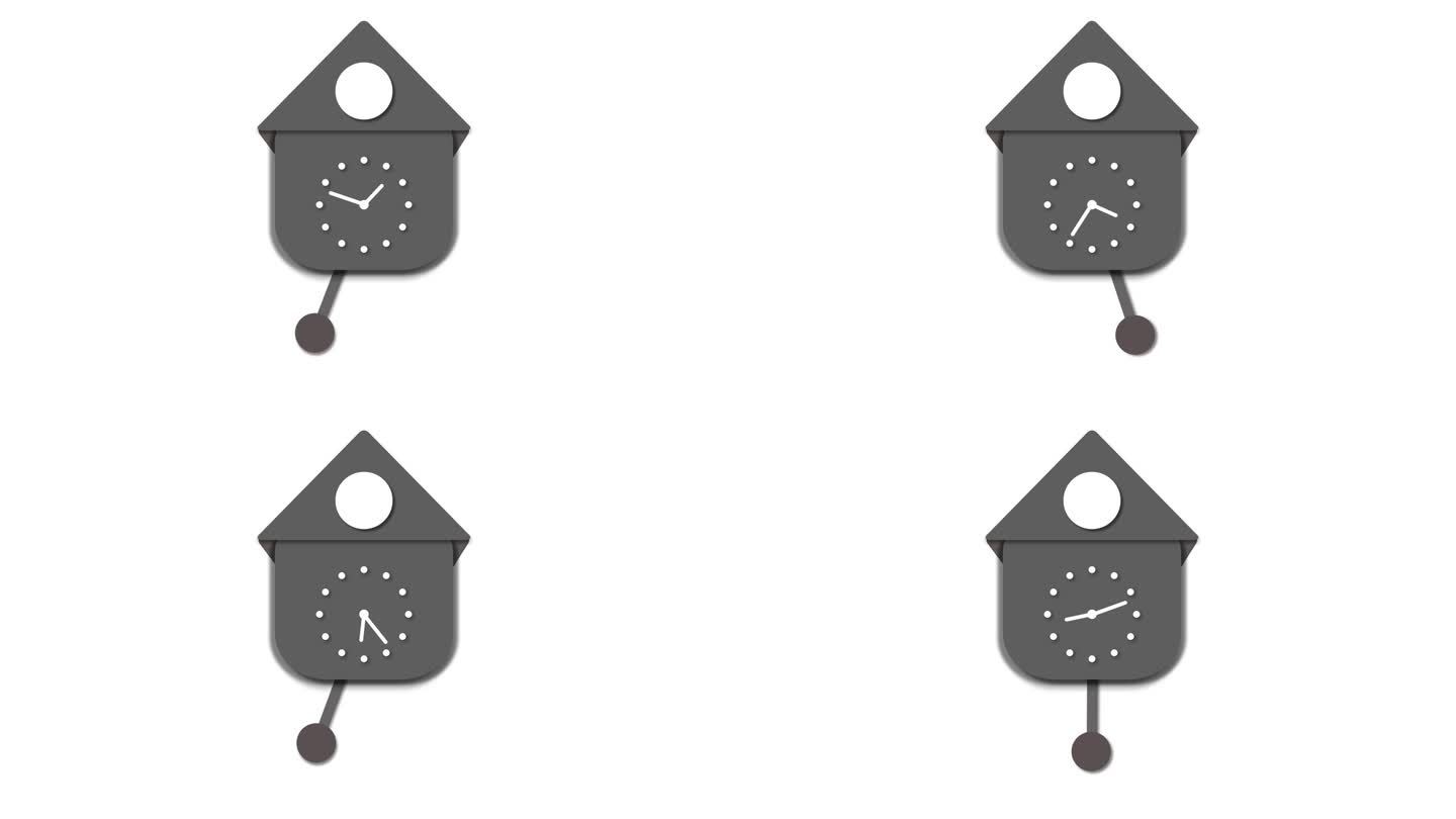 极简布谷鸟时钟设计孤立的动画在白色背景上。