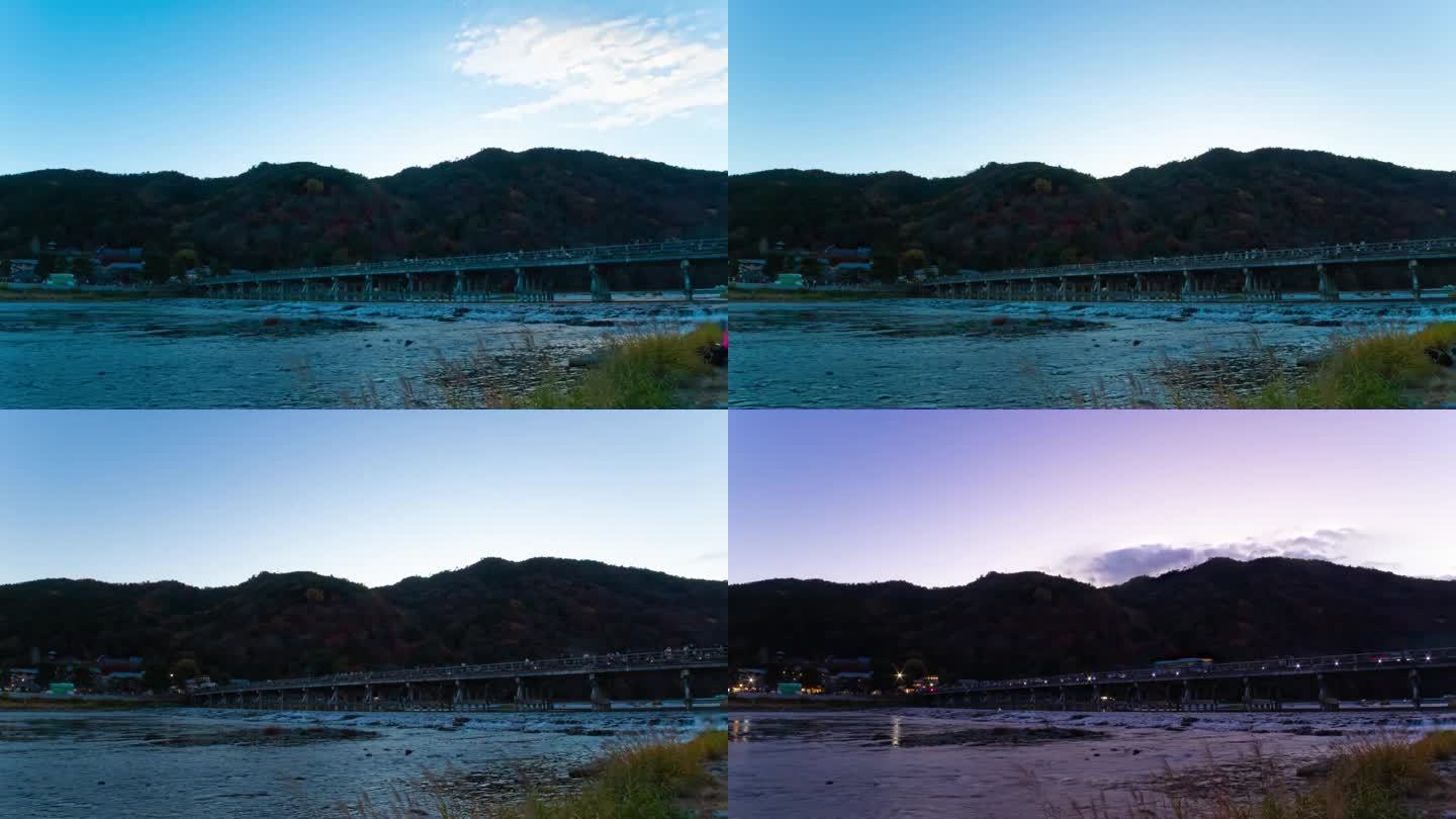黄昏时的京都东筑桥在秋天的广角镜头