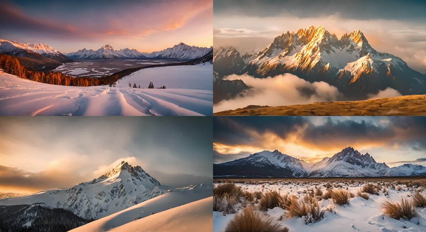 夕阳下金色的雪山