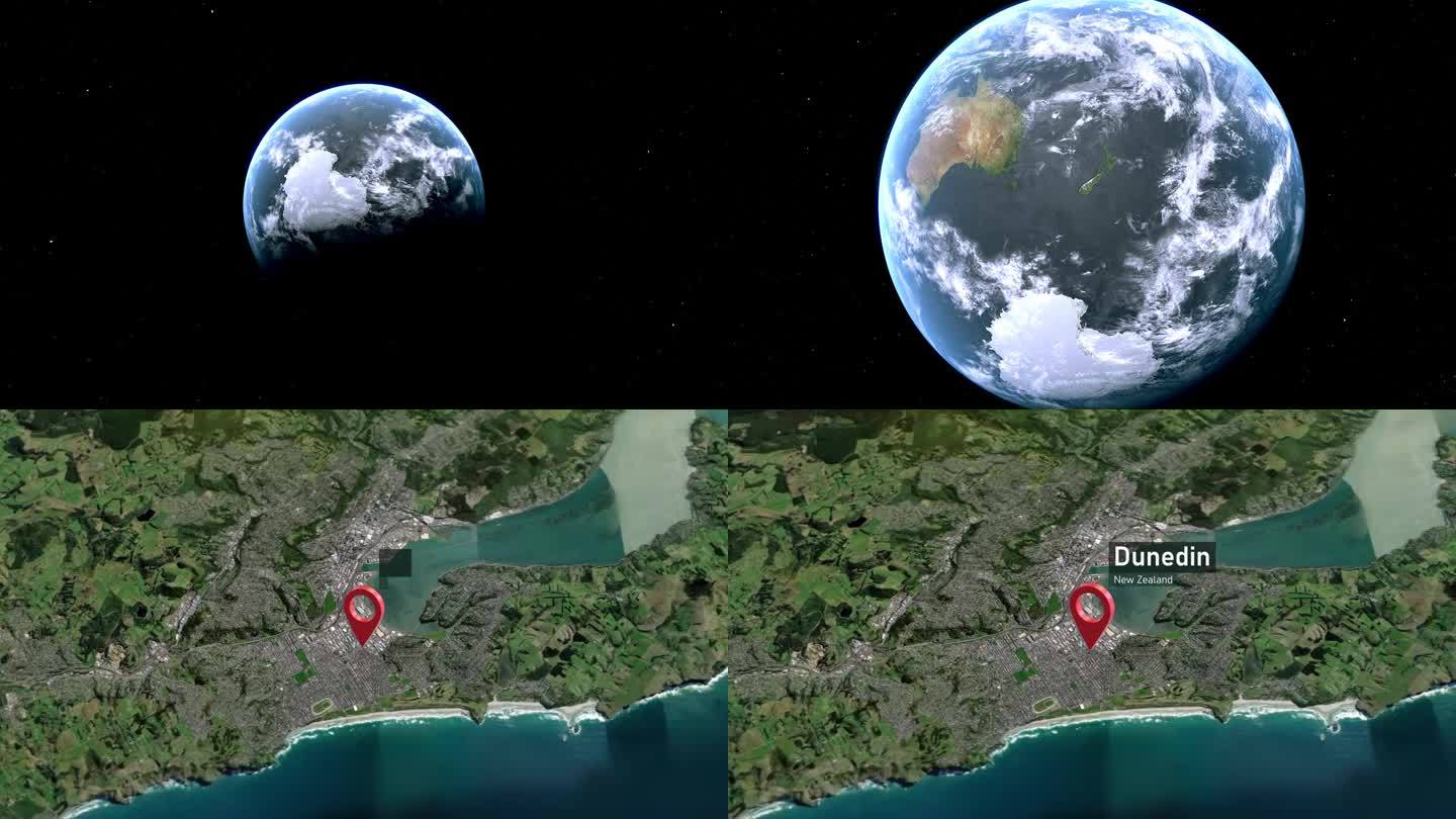 达尼丁城市地图从太空到地球的缩放，新西兰
