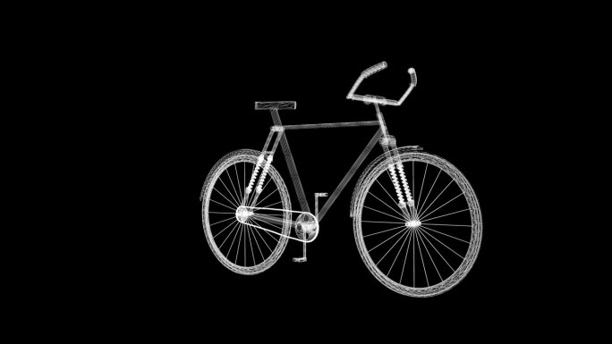 3D线框自行车模型在黑色虚拟空间旋转的全息动画，hud样式，4k
