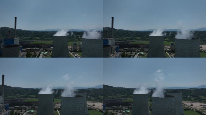 电厂烟囱鸟瞰图，工业区。烟囱冒烟的特写
