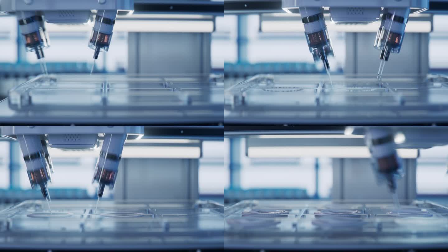 用生物聚合物生产人工心脏瓣膜的先进医疗打印机。未来实验室。实验室人工培养有机组织的延时录像。生物打印