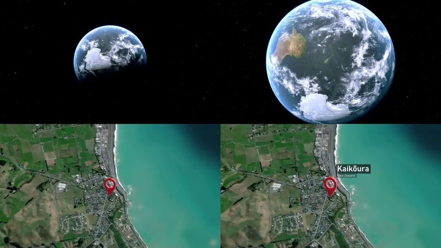 Kaikōura城市地图缩放从太空到地球，新西兰