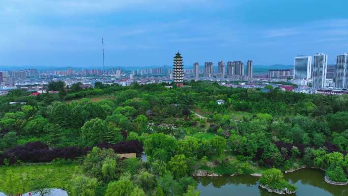 沂水航拍文峰塔东皋公园沂水城市大景沂河