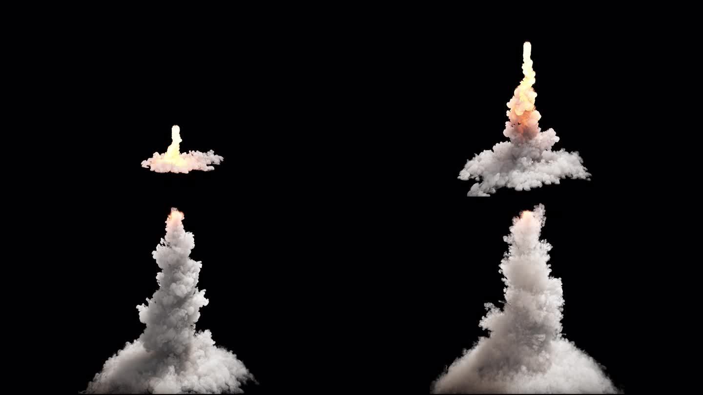 一个迷人的视频展开，展示了迷人的羽状废气从火箭，所有无缝集成的阿尔法通道。VFX与alpha通道