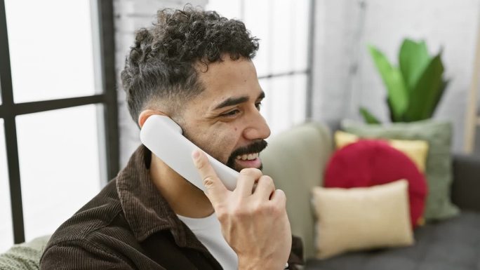一个留着胡子的年轻人在一个舒适、现代的家里用固定电话交谈，让人产生一种随意交流的感觉。