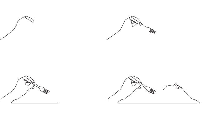 连续的一行动画。手的侧视图的手绘动画运动图形元素
拿着叉子和勺子准备开始吃东西。4 k的视频