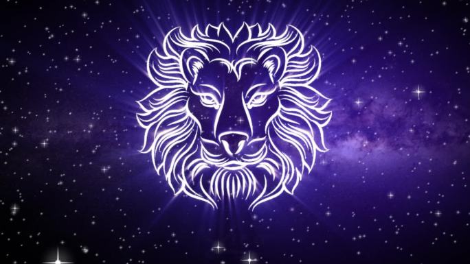 狮子座的占星学星座，在深空的背景上有一个闪闪发光的符号，3D空间中的星星和平滑的弧形相机移动，在神秘