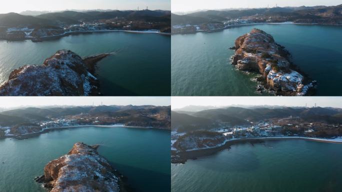 航拍棒棰岛大海海岸下雪雪后的海