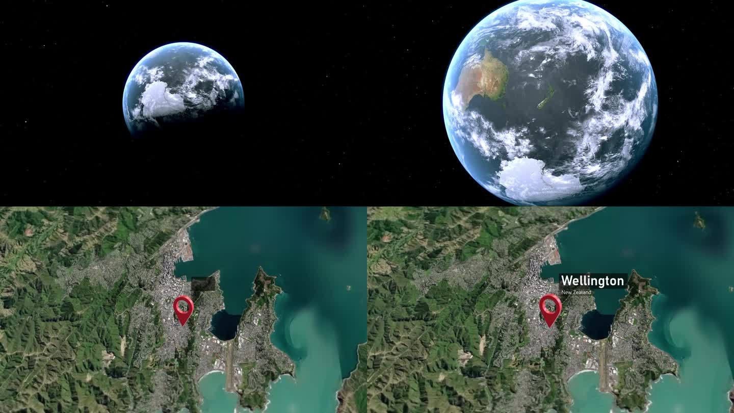 惠灵顿城市地图从太空到地球缩放，新西兰