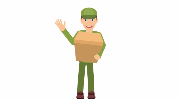 送货员。一个拿着包裹的快递员挥手的动画。卡通