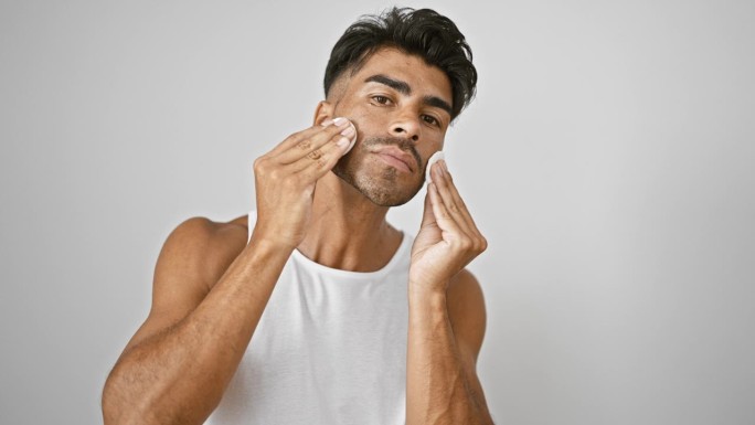 一位英俊的西班牙裔男子将洗面奶涂在皮肤上，以白色为背景