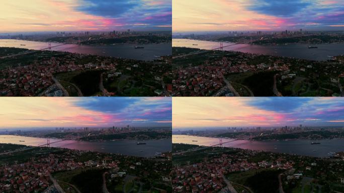 航拍亚洲海岸蔚蓝时刻的宁静:在标志性的法提赫苏丹穆罕默德大桥拥抱黄昏，#伊斯坦布尔vibes #法提