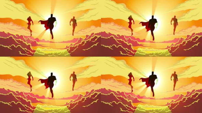 循环三人超级英雄剪影飞行漂浮在天空动画库存视频
