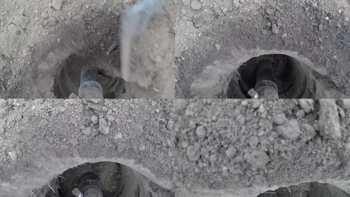 POV镜头的钻孔钻孔的土壤，施工设备