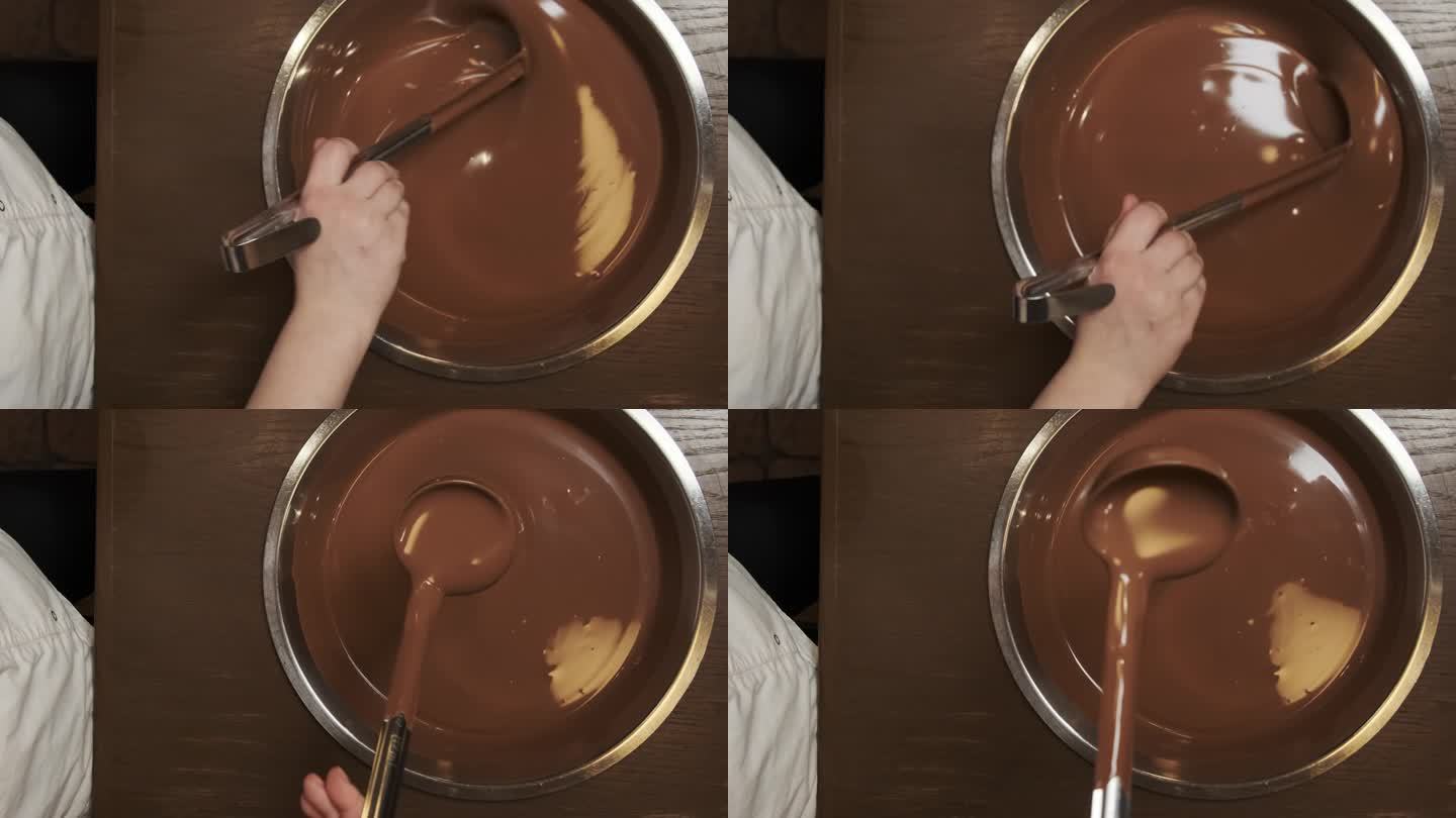 液体巧克力混合物在不锈钢碗中的搅拌作用