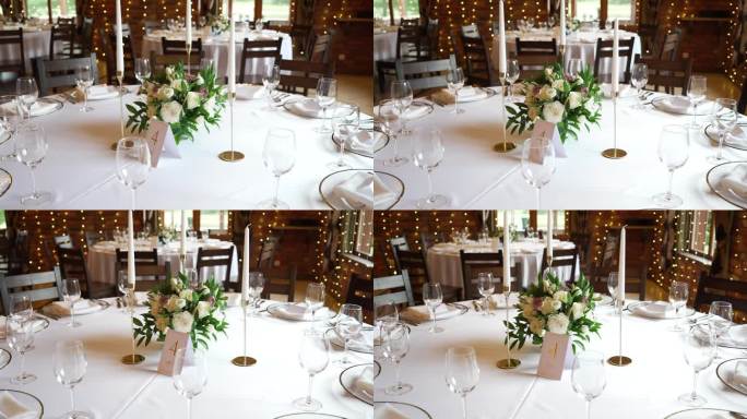 婚礼大厅里豪华正式的婚宴桌的特写镜头