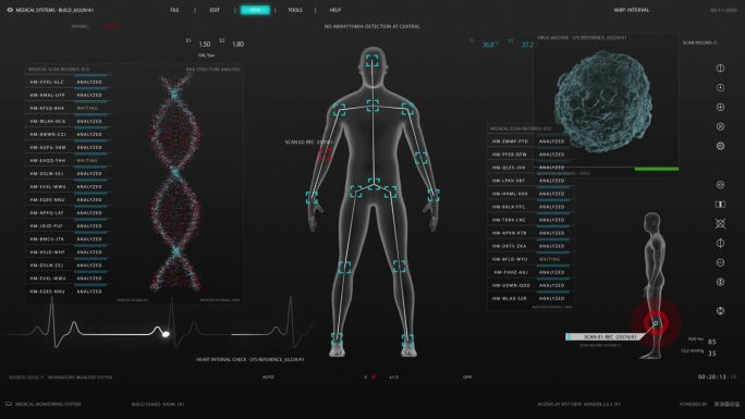 医学研究环境软件模板与DNA分析和男性身体扫描结果的计算机显示器和笔记本电脑屏幕。未来医疗保健和生物