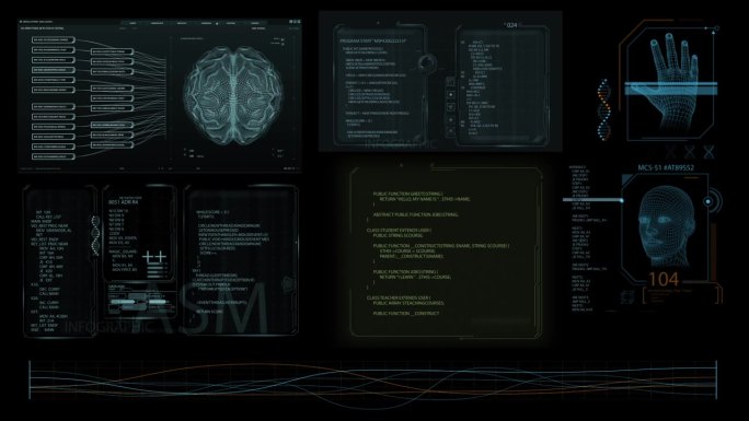 医学研究环境软件模板与代码和大脑扫描结果的计算机显示器和笔记本电脑屏幕。未来医疗保健和科幻概念