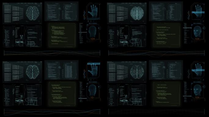 医学研究环境软件模板与代码和大脑扫描结果的计算机显示器和笔记本电脑屏幕。未来医疗保健和科幻概念