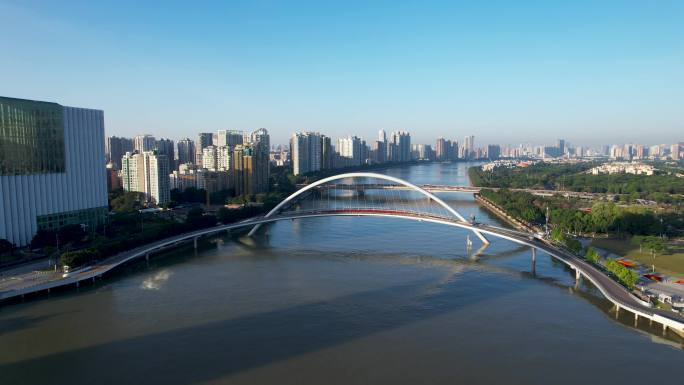广州城市日出海心桥珠江风光航拍